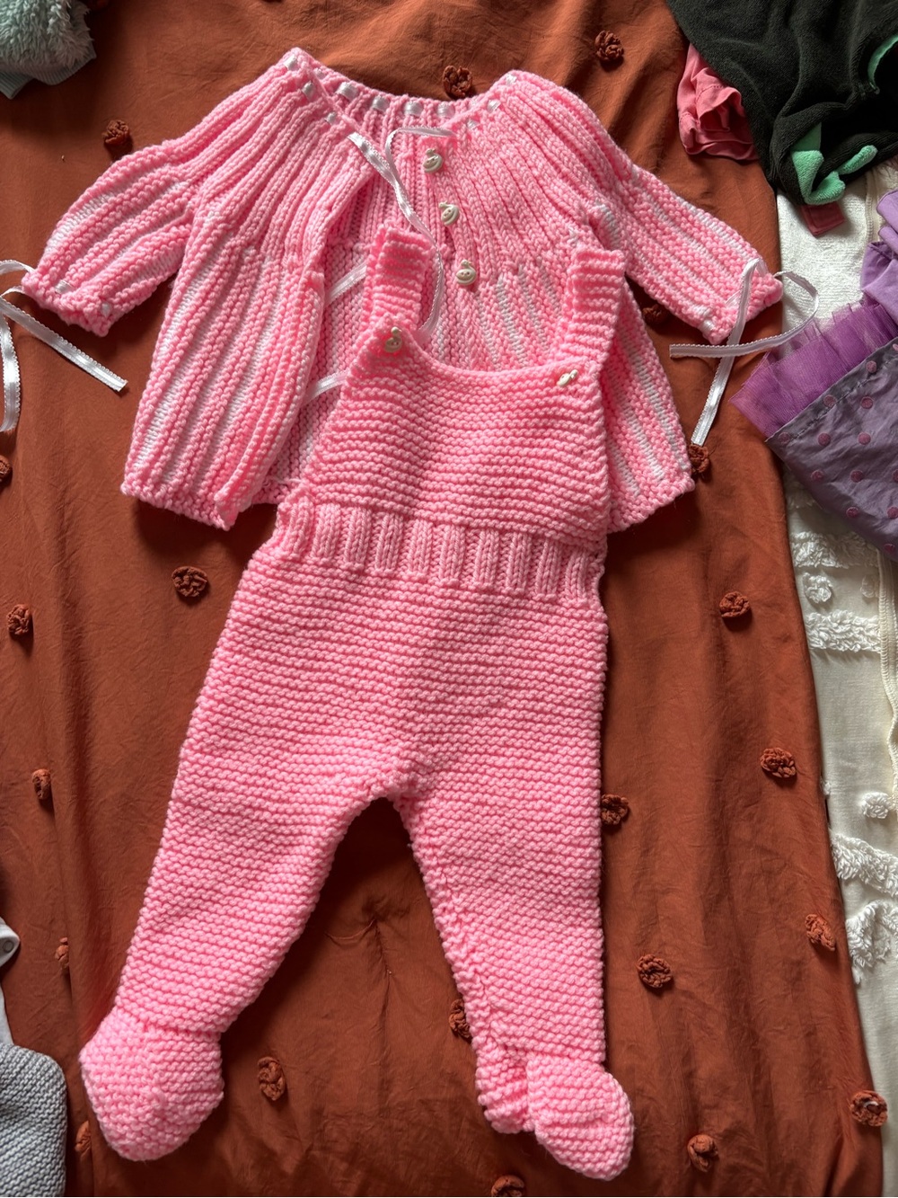 Hand-Knit Baby Pink Footed Romper & Cardigan Set